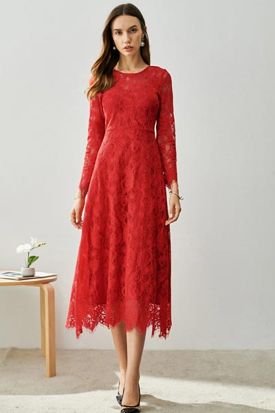 Robe de Jour en Dentelle Rouge à Manches Longues et Col Rond