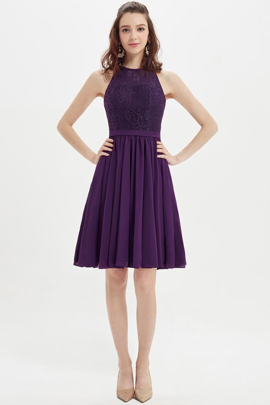 Purple Lace Appliques Short Cocktail Bridesmaid Dress