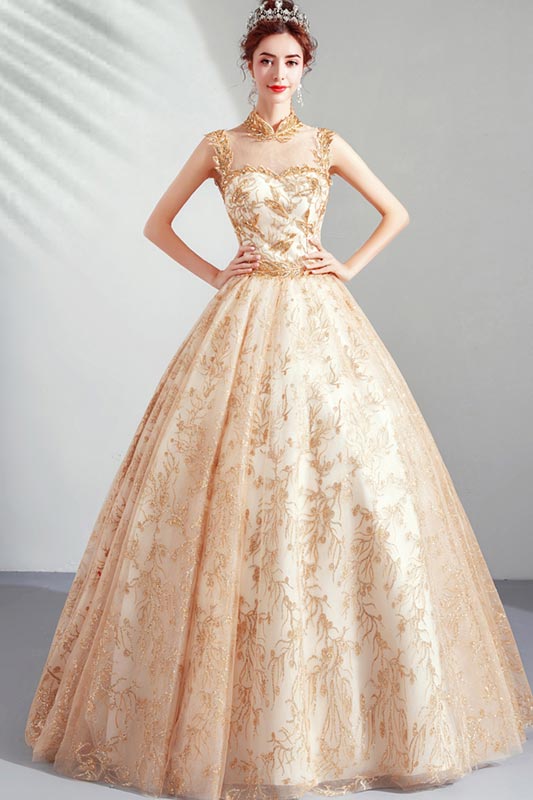 Gold High Neck Empire Embroidery Party Prom Gown