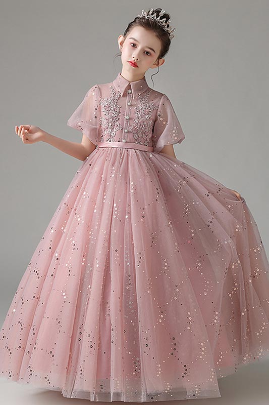 Glänzend Paillette Hoch Hals Kurzarm Tüll Blumenmädchenkleid
