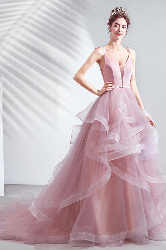 Sexy Pink V-Cut Spaghetti Tulle Evening Party dress