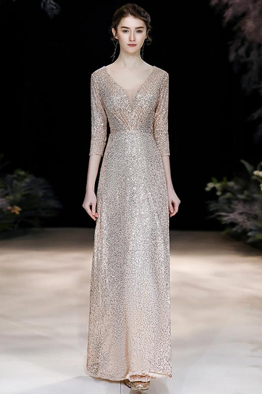 All Over Sparkly Sequin With Sleeve Long Evening Gown