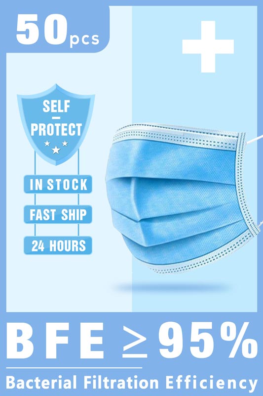 50pcs Disposable Non-woven Face Mask Filtration Efficiency ≥ 95%