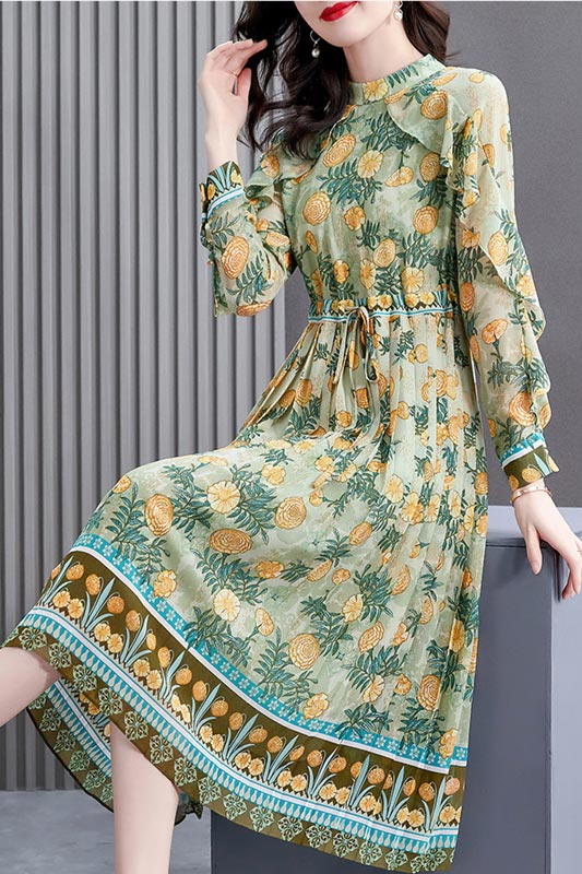 New Green Women Printed Floral Party Summer Holiday Dress