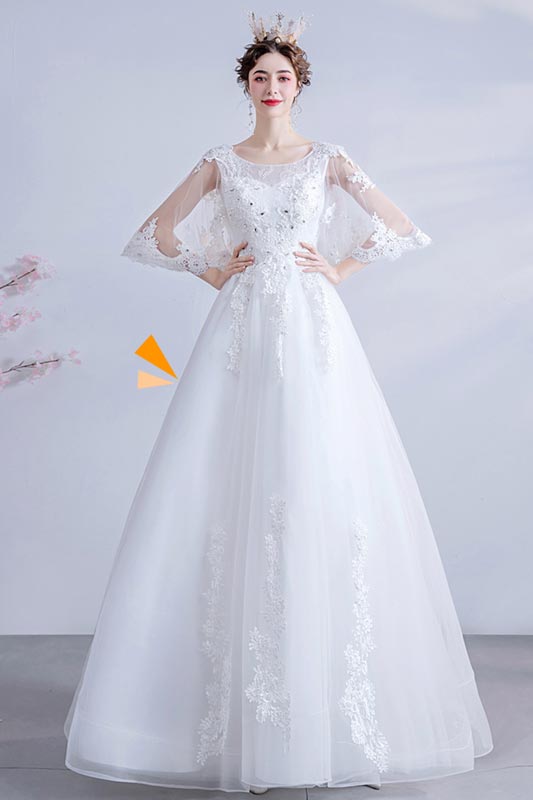 White Butterfly Sleeves Lace Appliques Wedding Bridal Dress