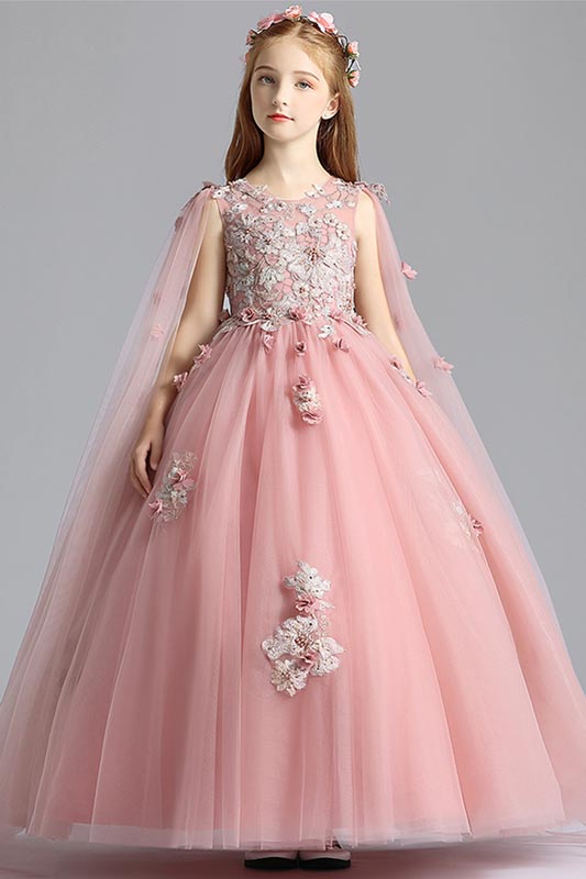 Pink Long Sleeves Lace Tulle Flowergirl Dress