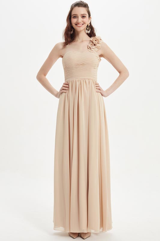 Beige One Shoulder Wedding Party Bridesmaid Dress