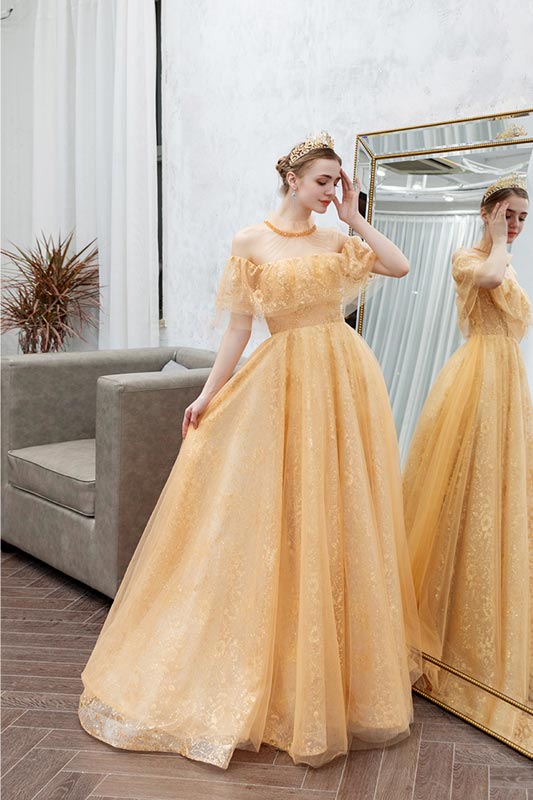 New Gold Off Shoulder Shiny Party Evening Prom Dress