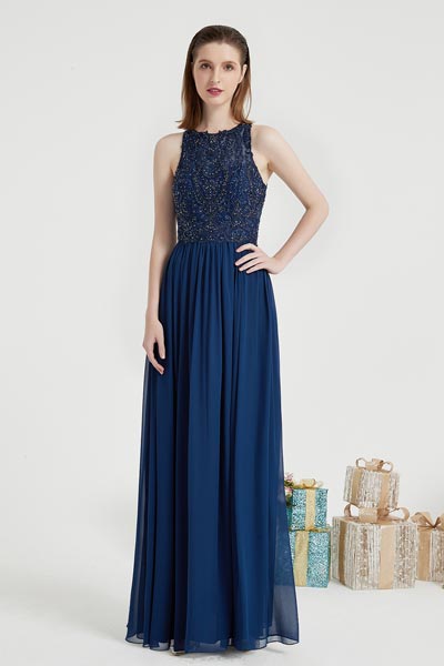 Navy Blue Embroidery Ball Prom Evening Dress