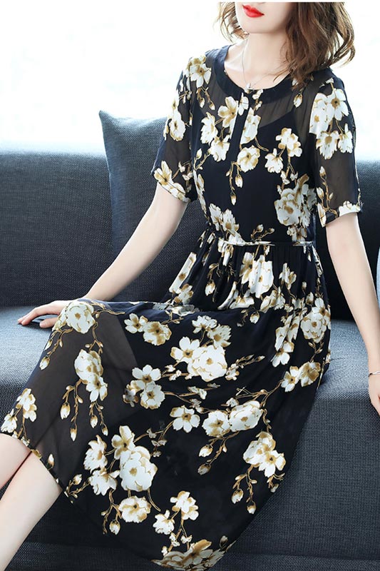 Women Black White Floral Printed Party Summer Holiday Silk Dress