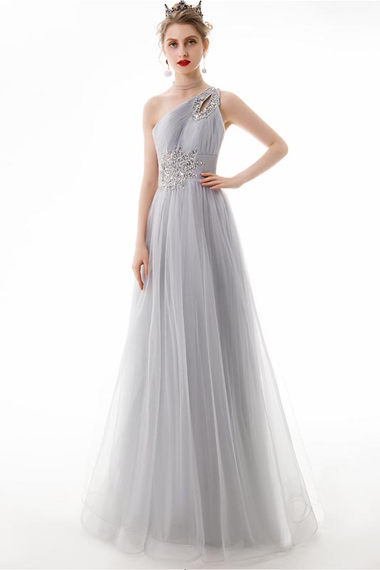 One Shoulder Tulle Crystal A-line Evening Prom Dress