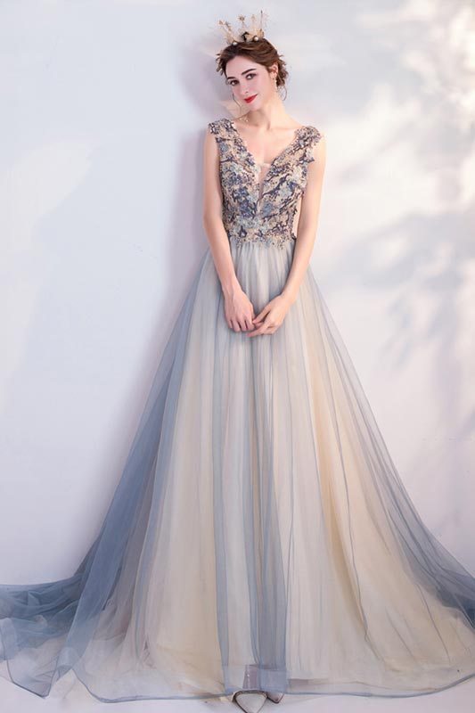 Sexy V-Cut Beads Embroidery Long prom Evening Dress