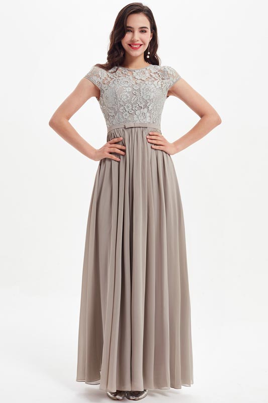 Grau Flügelärmel Spitze Brautjungfernkleid