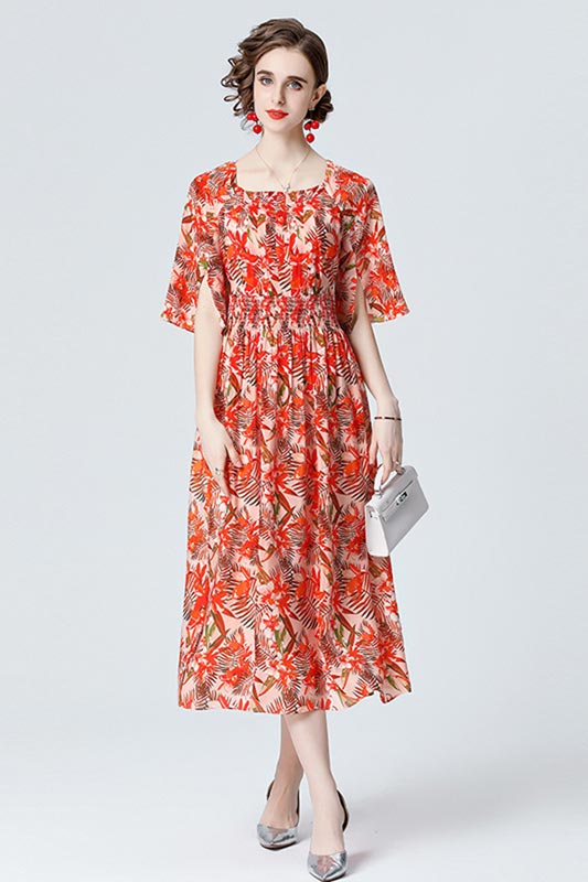 Women's Printed Midi Dress Short Sleeve Floral Silk Party Dress