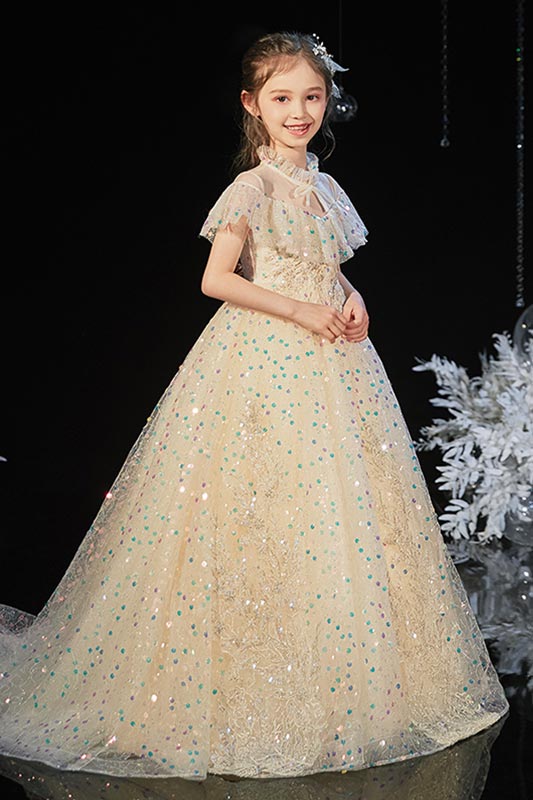New Gold Color High Collar Long Flower Girl Dress