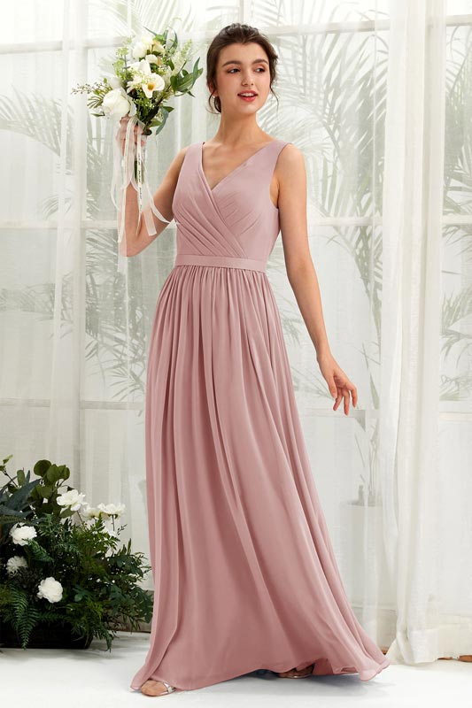 A‑Linien Chiffon V‑Ausschnitt ärmelloses bodenlanges Brautjungfernkleid für Hochzeiten
