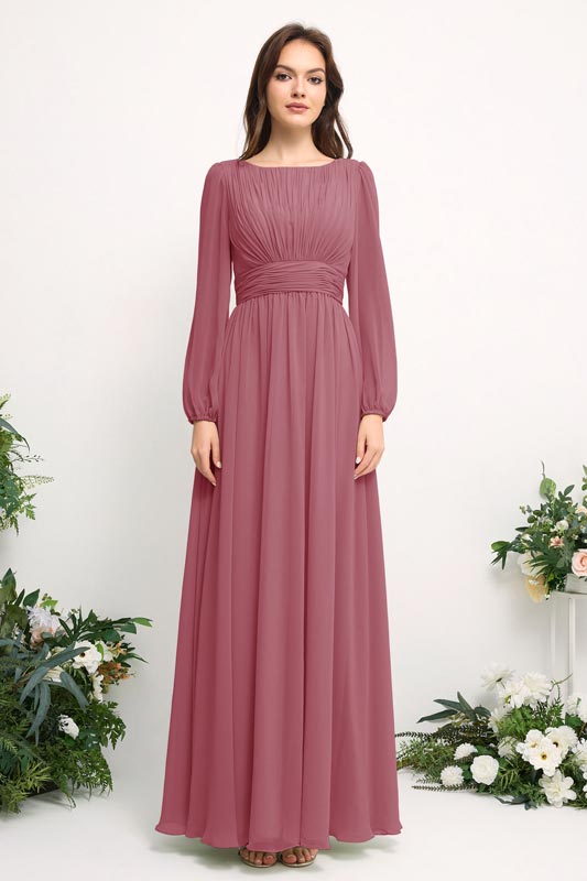 Vestido de dama de honor de gasa con hombros descubiertos y tirantes finos