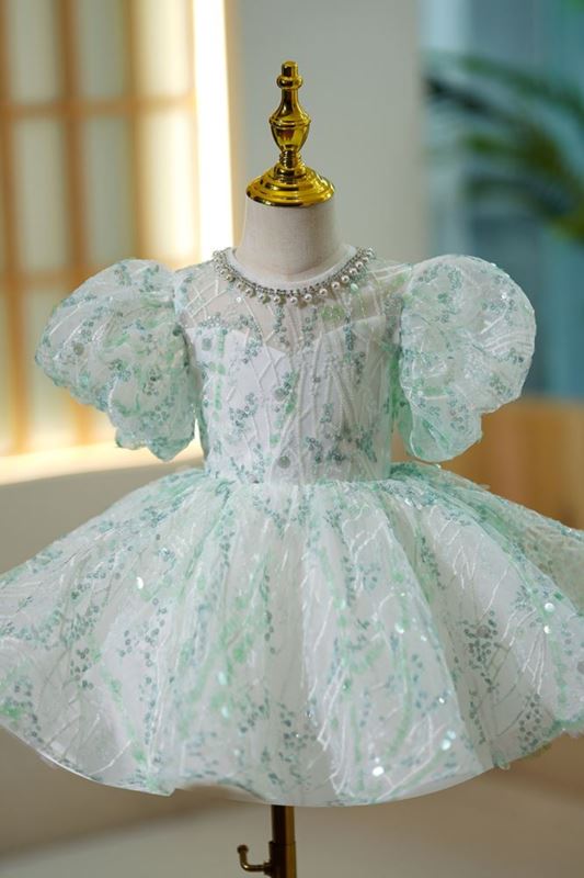 Princess Jewel Neck Sequined Flower Girl Dress in Mint Green