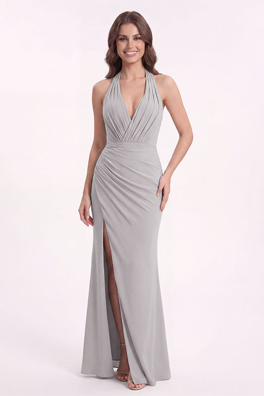 Chiffon-Brautjungfernkleid mit tiefem V-Ausschnitt Neckholder Schnürung im Rücken und hohem Beinschlitz