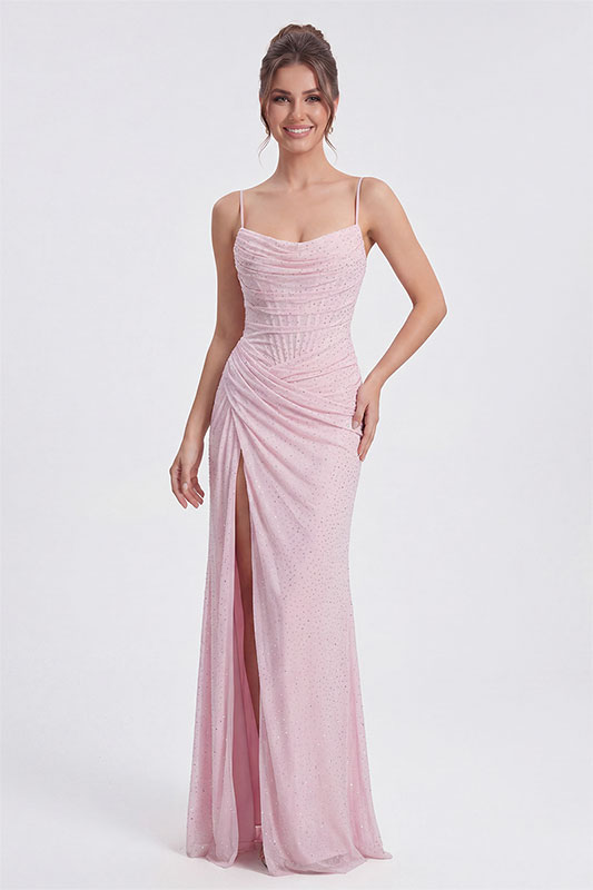 Pink Glitter Dot Spaghetti Strap Corset Ruched High Slit Evening Gown
