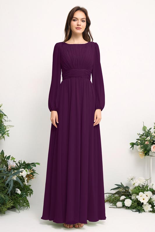 Schulterfreies Chiffon Brautjungfernkleid mit Spaghettiträgern und A-Linien-Rock