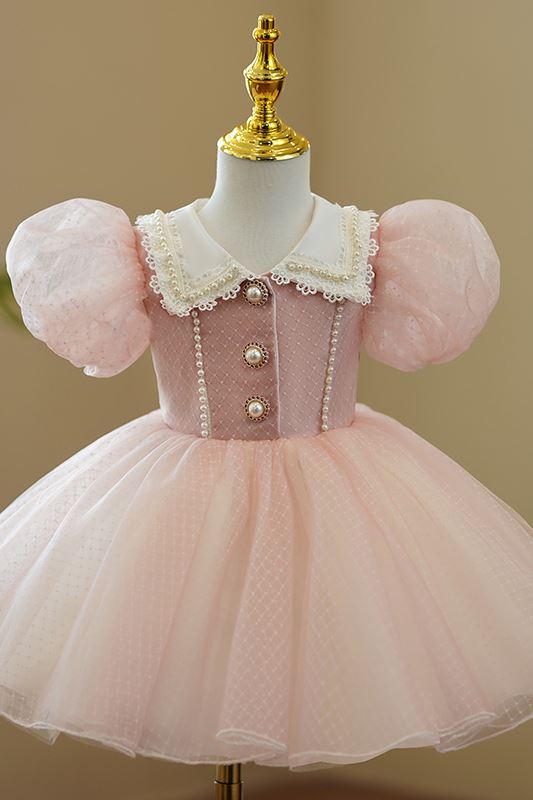 Princess Collared Neck Organza Flower Girl Dress Pink