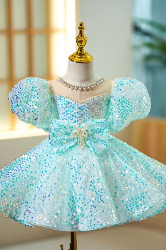 Princess Tea Length Sequined Flower Girl Dress in Mint Green