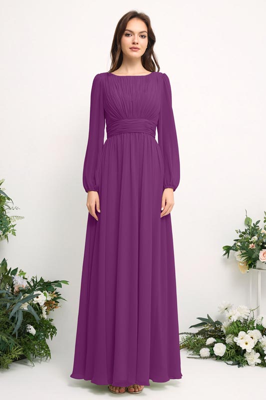 Schulterfreies Chiffon Brautjungfernkleid mit Spaghettiträgern und A-Linien-Rock