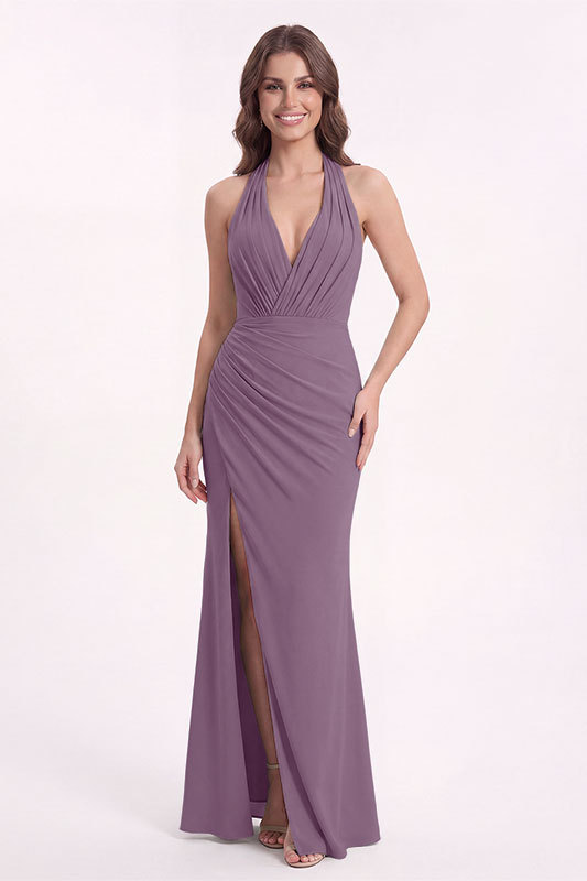 orchid color bridesmaid dresses One Shoulder Drape Satin Dress This halter neck gown 💜 Orchid satin magic for