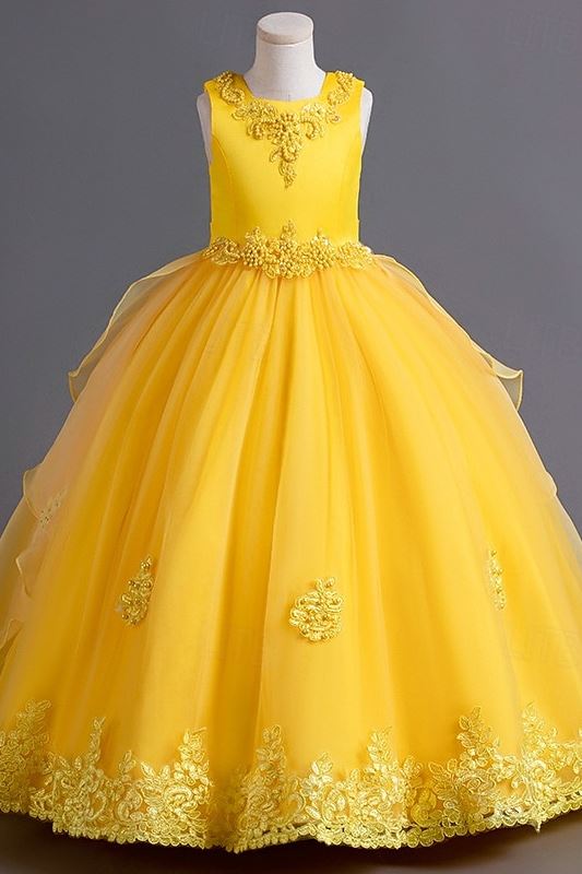 Vestido Elegante de Princesa para Niña – Sin Mangas, Largo, Encaje y Lazo