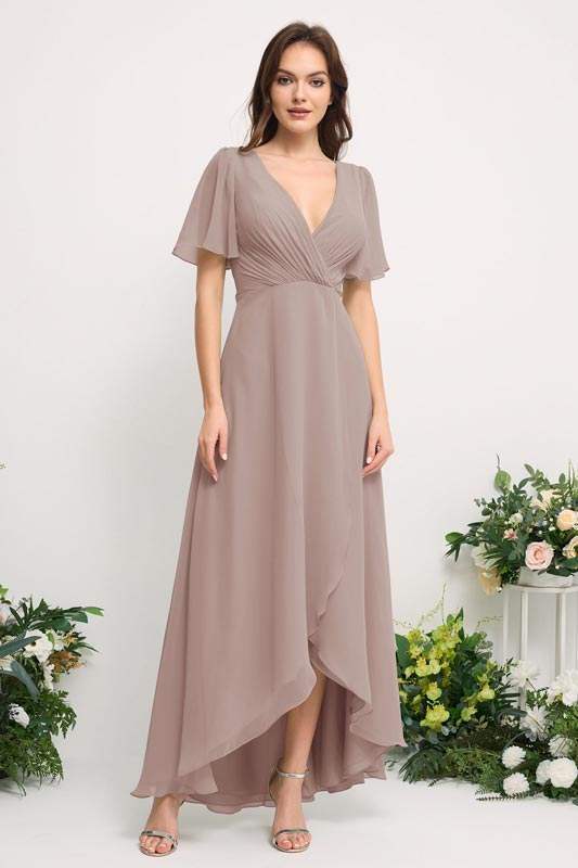what is the dress code for bridal shower Taupe Double Thin Straps Asymmetrical Sheath Slit Bridesmaid Dress