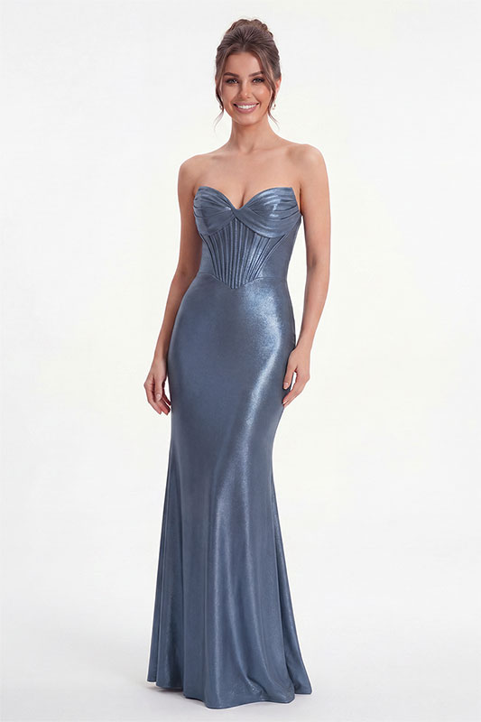 Robe de bal bleu poudré bustier sans bretelles à corset extensible et scintillante