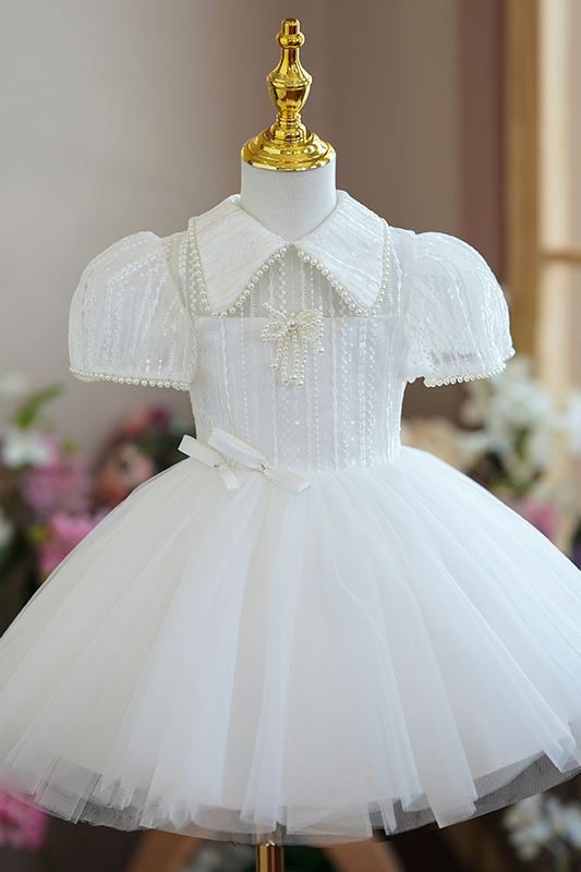 Princess Collared Neck Tea Length Tulle Flower Girl Dress in White