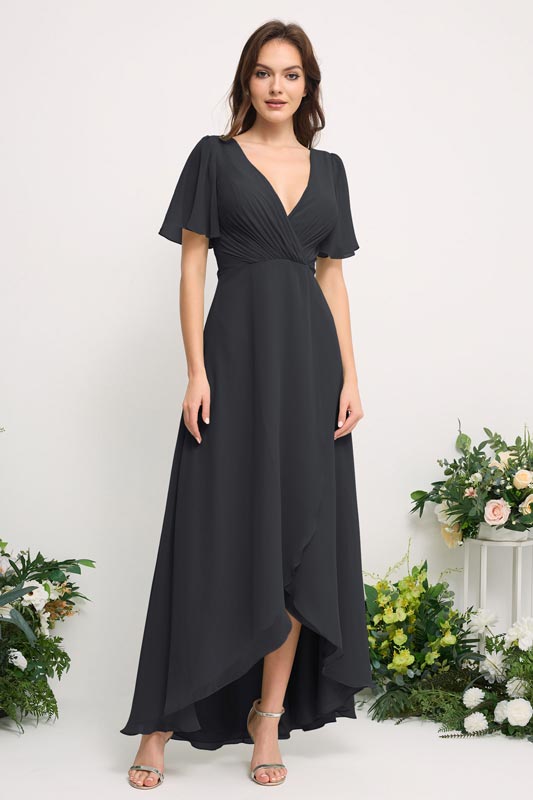 pewter chiffon bridesmaid dresses BABARONI Deep V Neckline Chiffon Dress with Sash Bow Steel Grey, Steel Grey / US0