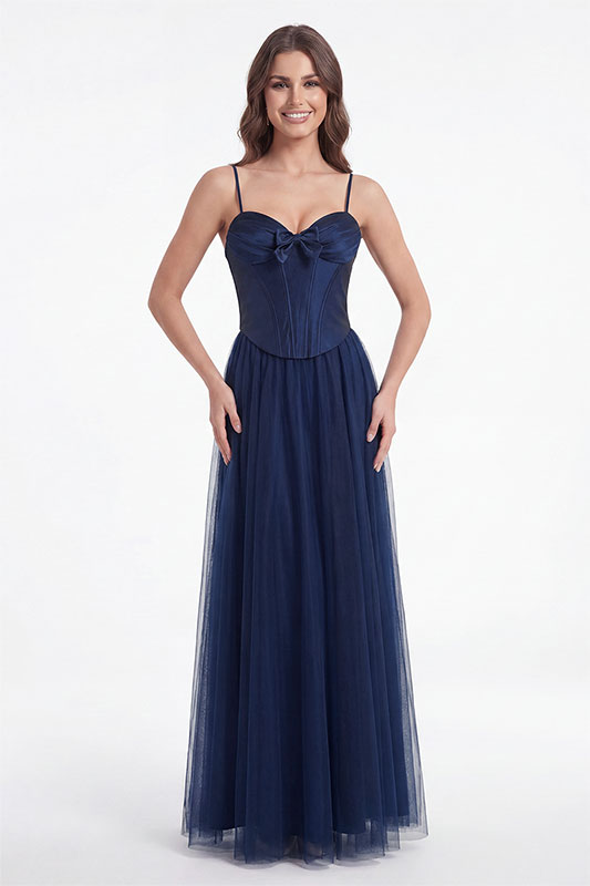 Robe de bal bleu marine en tulle coupe trapèze avec corset décolleté en cœur et nœud à la poitrine