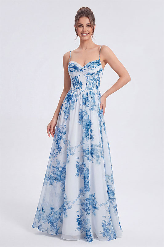 Blue Printed Sweetheart Spaghetti Strap Long Dress