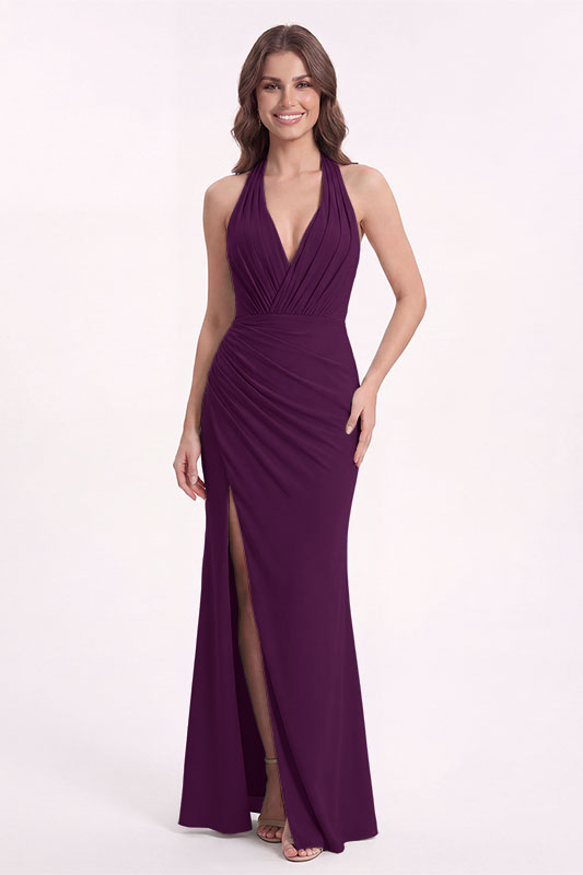 grape purple color dress Women's Solid Color Grape Purple Umbrella Hem Fitted Long Dress, Stand Collar, Heavy Beaded Detail, Sophisticated & Elegant Wedding Spring Party