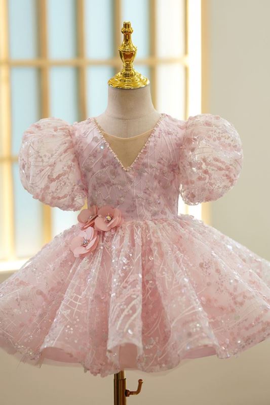 Princess V-Neck Sequined Flower Girl Dress Pink