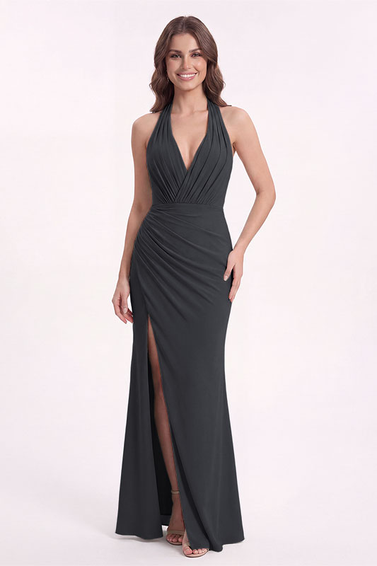 Chiffon-Brautjungfernkleid mit tiefem V-Ausschnitt Neckholder Schnürung im Rücken und hohem Beinschlitz