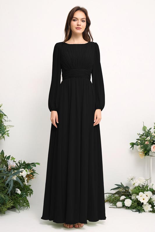 Vestido de dama de honor de gasa con hombros descubiertos y tirantes finos