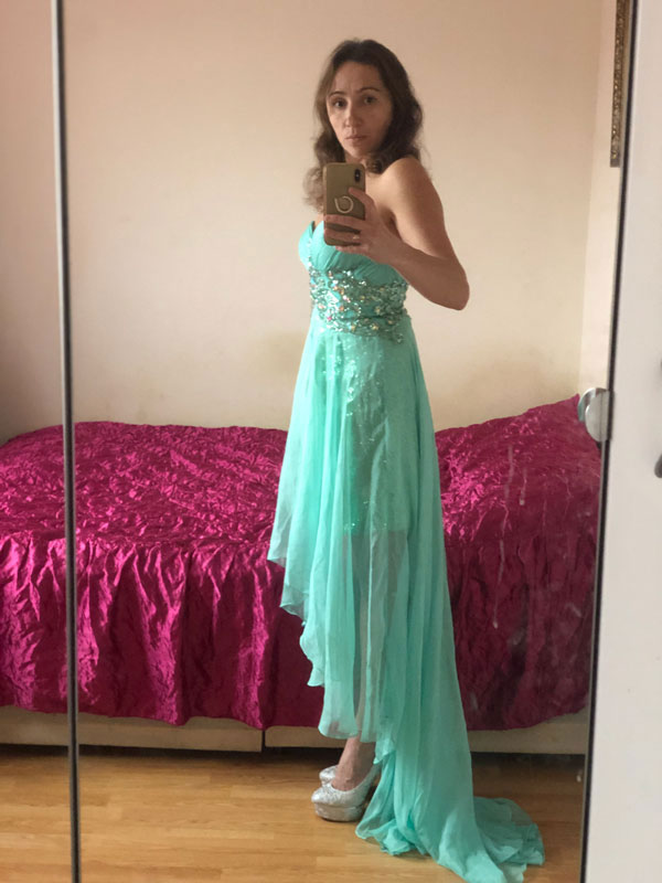 Strapless Green Evening Dress With High Low Skirt