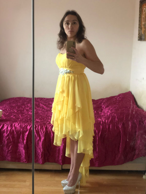 Strapless Yellow Prom Dress With High Low Skirt