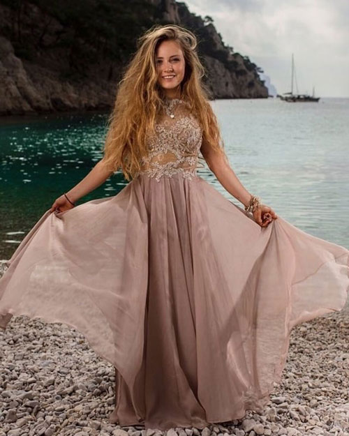 Lace Applique Beige Prom Dress, Stylish Wedding Guest Dress
