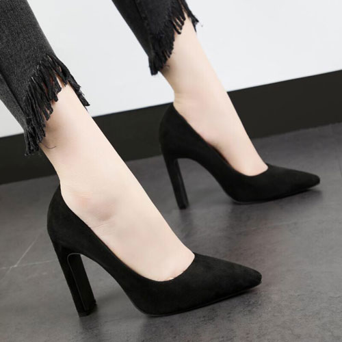 Suede High Chunky Black Heel Closed Toe Pumps Shoes